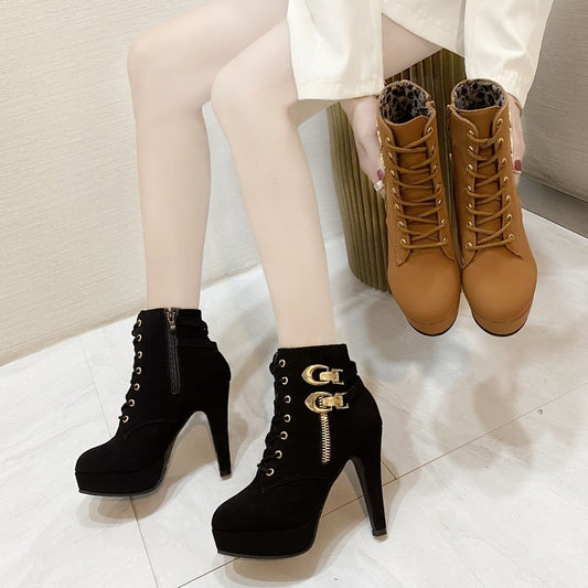 New Cross-Border plus Size Martin Boots Women's HOTan and NEWn Fashion Lace-up Side Zip Super High Heel Solid Color Booties