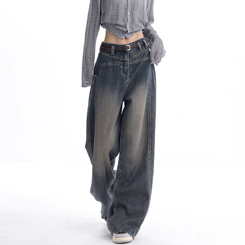 Design 2024 Early Autumn New Washed Nostalgic Raw Hem Jeans Women's Retro Design Wide Leg Pants Women's Pants