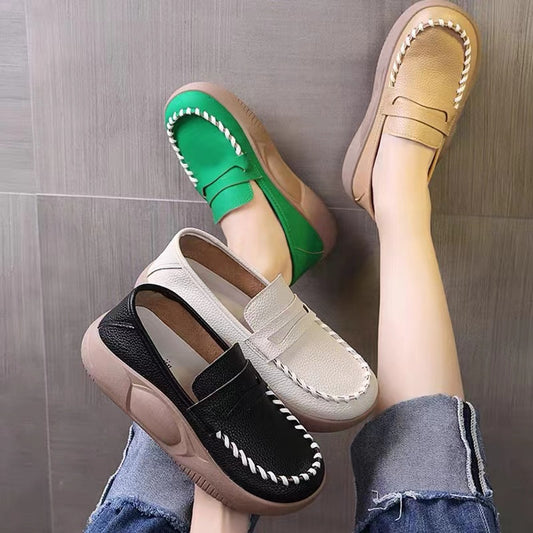 Thick Bottom Women's Soft Leather Shoes  Spring and Autumn New Korean Style Women's Loafers Slip-on Lofter Rocking Shoes