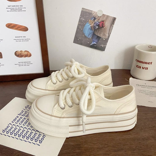 Cream Platform Canvas Shoes Women's Thin Spring and Summer New Ins Trendy Niche Korean Style Big Head Muffin White Shoes for Students
