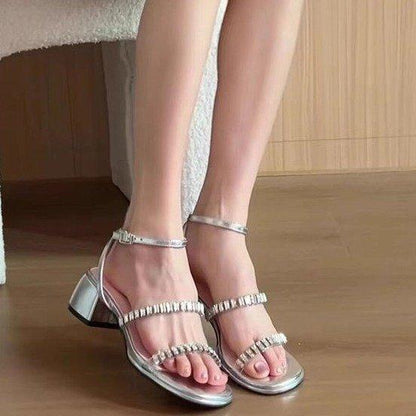 sengpashop Rhinestone Silver Sandals for Women  New Summer Wear Chunky Heel Fashion Fairy Style  High Heels for Women