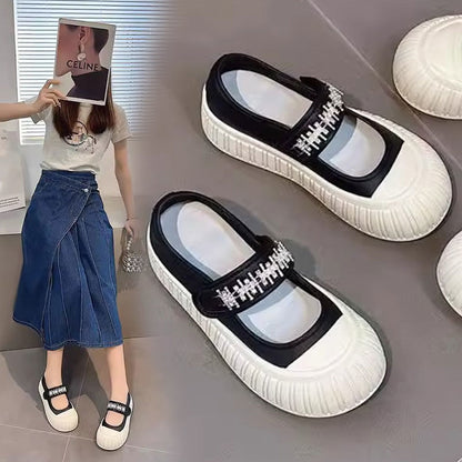 Spring Thick Bottom Velcro Canvas Shoes for Women  New Popular Slip-on Cloth Shoes Mary Jane White Shoes Pumps