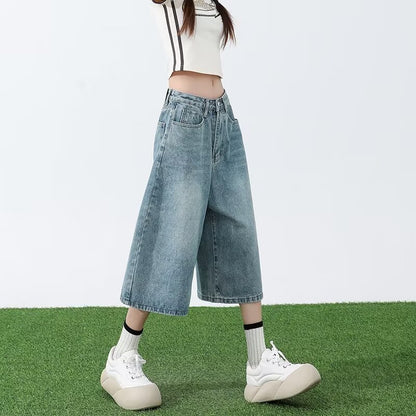 Light Blue Cropped Jeans Women's Summer Thin 2024 New High Waist Slimming and Straight Loose Cropped Wide Leg Pants