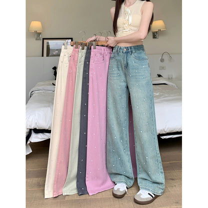 Real Shot Rhinestone Multi-Color Wide Leg Jeans for Women 2024 Spring and Summer New High Waist Straight Loose Draggle-Tail Trousers Tide