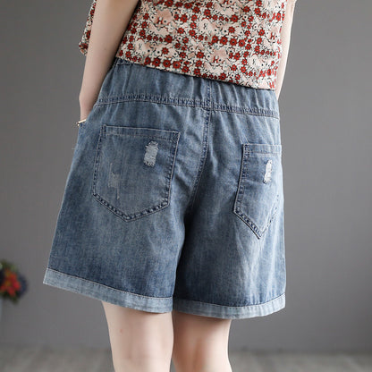 Thin 2024 New Retro Tattered Jeans High Waist Denim Shorts Women's Paste Cloth Embroidery plus Size Loose Wide Leg Pants