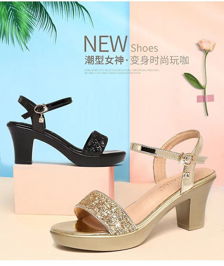 sengpashop Women's Buckle High Heel Sandals  New Summer Elegant Roman Sandals Women's Chunky Heel Model Catwalk Women's Shoes