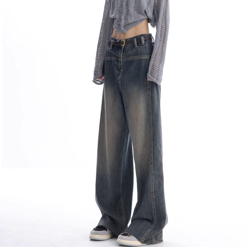 Design 2024 Early Autumn New Washed Nostalgic Raw Hem Jeans Women's Retro Design Wide Leg Pants Women's Pants