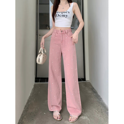 Real Shot Rhinestone Multi-Color Wide Leg Jeans for Women 2024 Spring and Summer New High Waist Straight Loose Draggle-Tail Trousers Tide