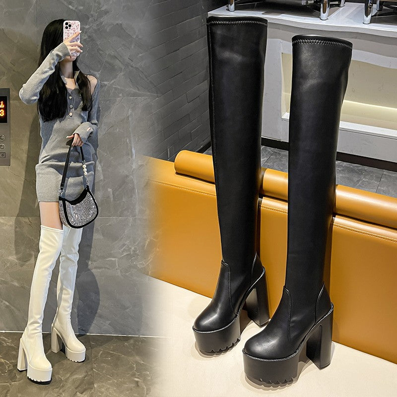 Foreign Trade Cross-Border New Arrival Sexy over-the-Knee Stretch Boots round Head Chunky Heel Women's Fashion over the Knee Boots Factory Direct Sales