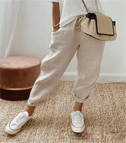 Europe and America Cross Border  New Women's Cotton and Linen Trousers Pocket Elasticated Slacks Women's Pants Lazy Relaxed Feeling