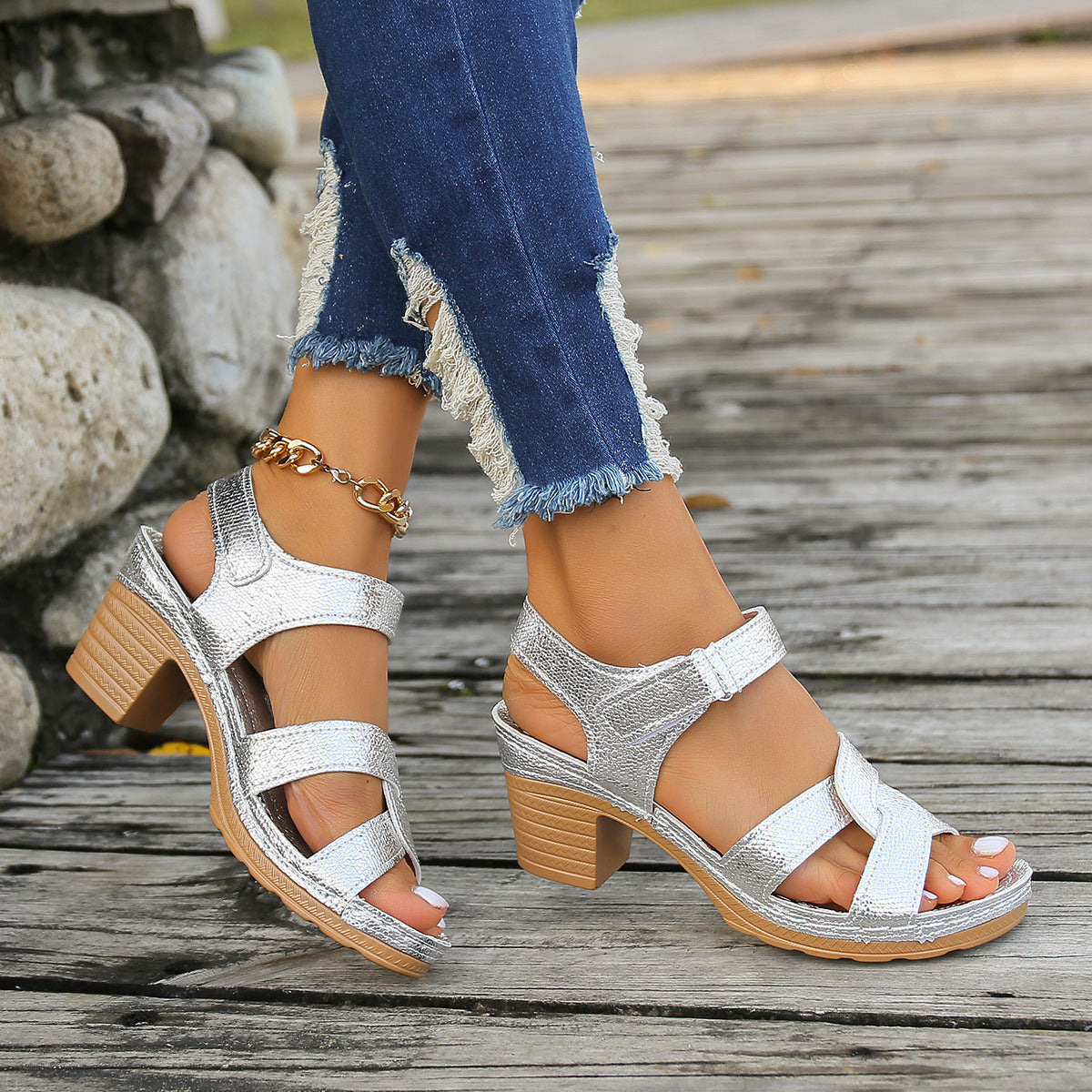 sengpashop HOTan and NEWn Foreign Trade plus Size Hollow-out Velcro High Heel Sandals Women's Cross-Border New Arrival Buckle Chunky Heel Buckle Peep Toe Sandals