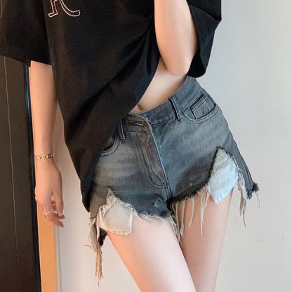 Black Gray High Waist Ripped Denim Shorts Women's Summer New Loose Slimming A- line Small Hot Girl Hot Shorts