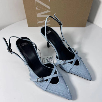 sengpashop Sky Blue Denim Pointed Buckle High Heel Sandals Cross Strap  New Women's Shoes Za High Heels  Style