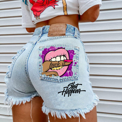 2012 * Mouth Bite Finger Printing  E-Commerce  Fashion Holes Denim Shorts for Women