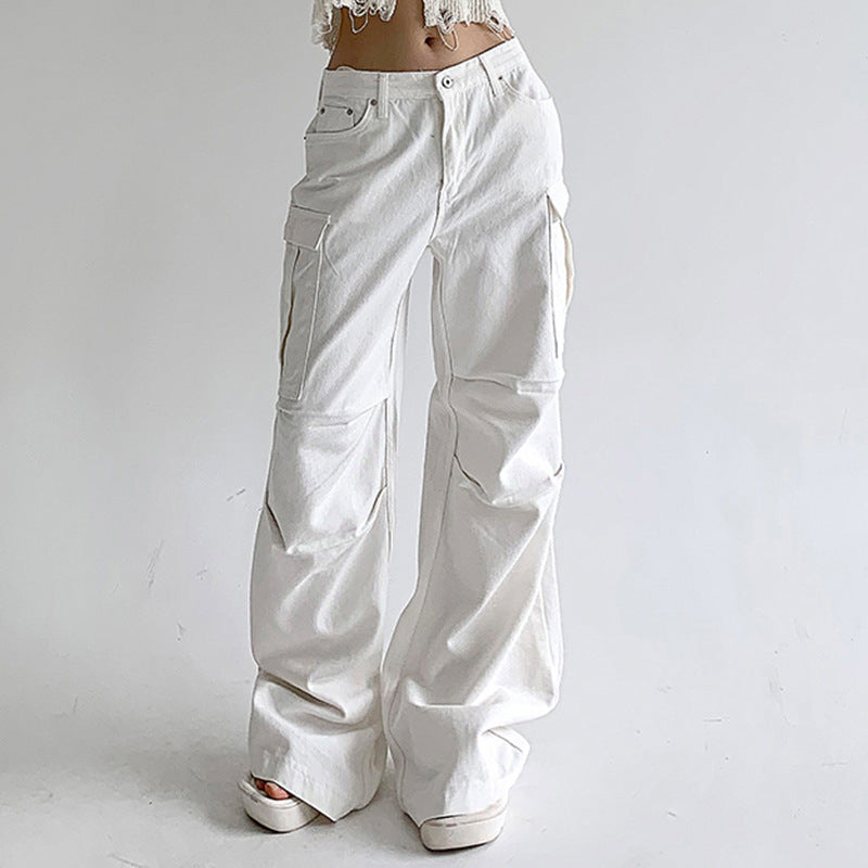 2024 Street Washed White Side Multi-Pocket Wide-Leg Jeans Women's Low Waist Loose Slimming Pleated Trousers Spring