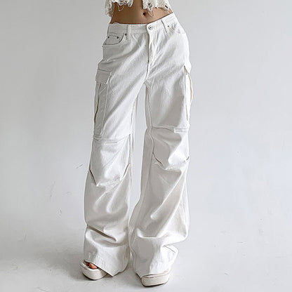 2024 Street Washed White Side Multi-Pocket Wide-Leg Jeans Women's Low Waist Loose Slimming Pleated Trousers Spring