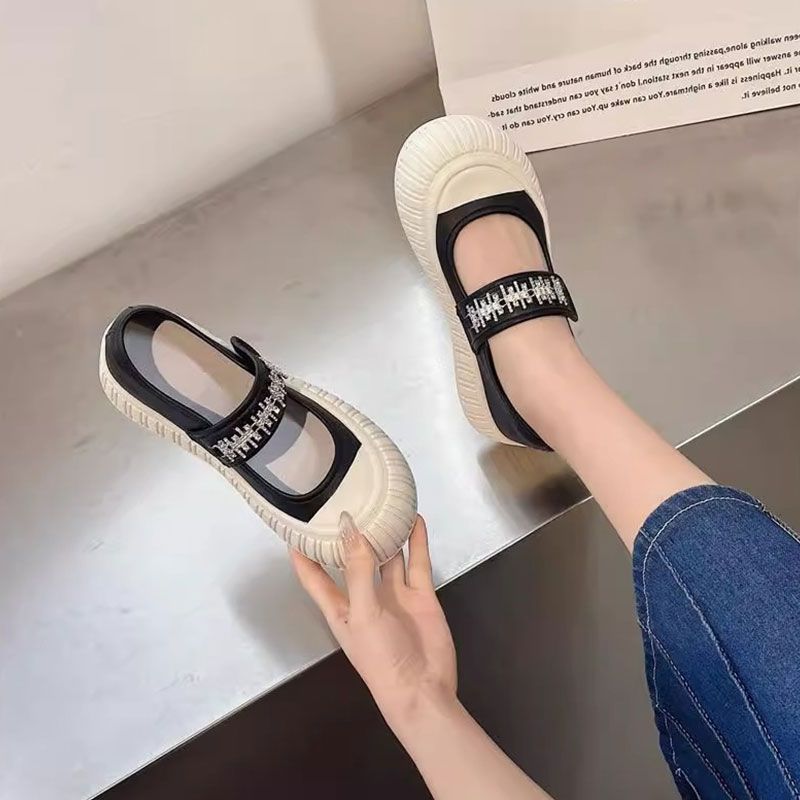 Spring Thick Bottom Velcro Canvas Shoes for Women  New Popular Slip-on Cloth Shoes Mary Jane White Shoes Pumps