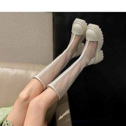 Summer Thin Hollow High Boots, Female Super High Heel Mesh Boots below the Knee Boots Platform Mesh Surface Breathable Mesh Sandal Boots