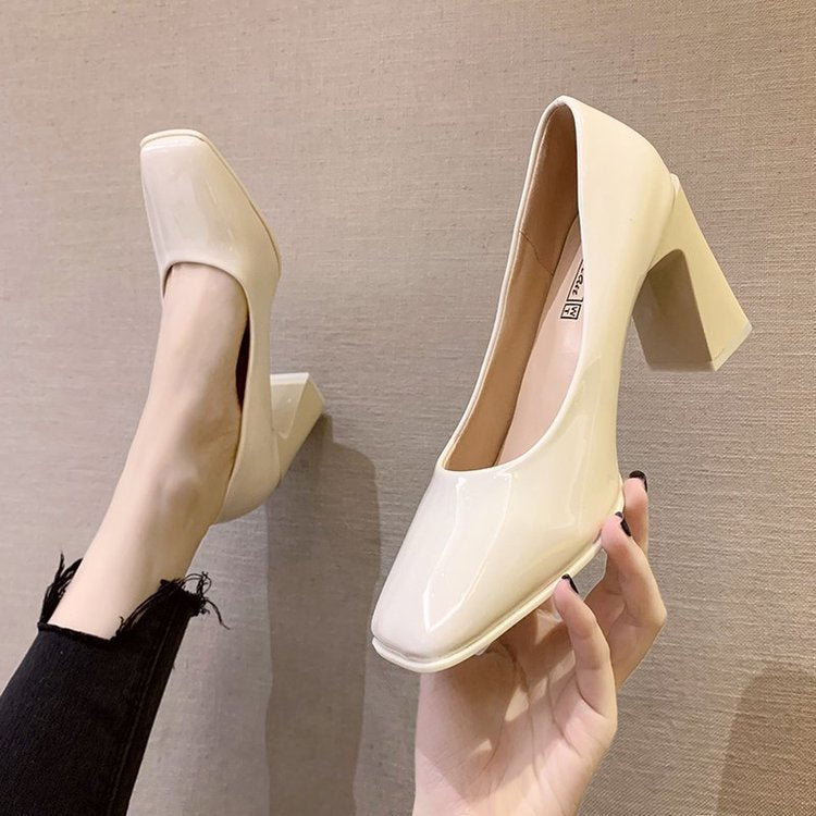 sengpashop Square Toe Pumps Women's Korean Style Ladies Patent Leather High Heels Chunky Heel Pedicure Low-Cut Slip-on Professional Shoes Women's Shoes Wholesale