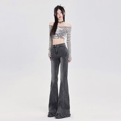 American Retro Hot Girl Raw Edges Design High Waist Trousers Slimming All-Matching Slim Fit Trendy Mopping Slightly Flared Jeans Women