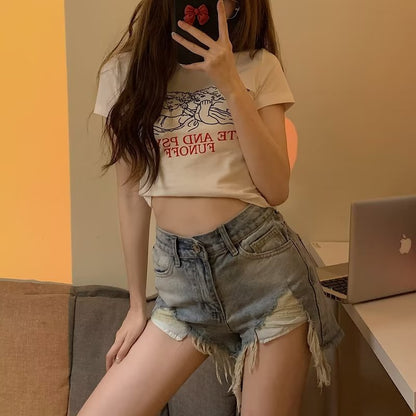 Black Gray High Waist Ripped Denim Shorts Women's Summer New Loose Slimming A- line Small Hot Girl Hot Shorts