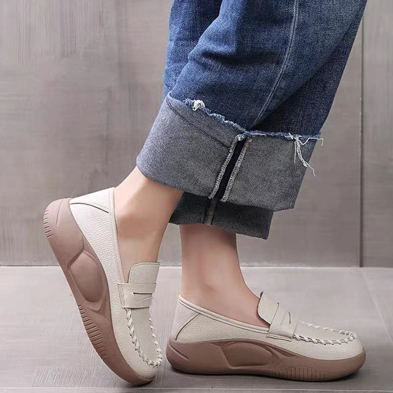 Thick Bottom Women's Soft Leather Shoes  Spring and Autumn New Korean Style Women's Loafers Slip-on Lofter Rocking Shoes