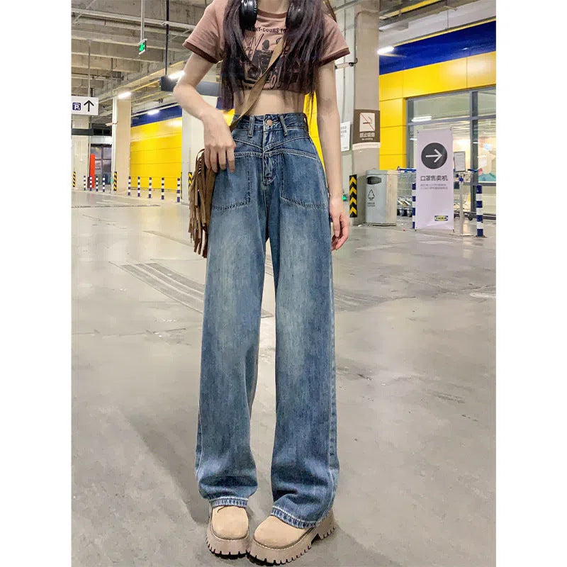 Retro Draping Jeans Women's Loose Autumn New High Waist Wide Leg Pants Slimming All-Matching Straight Mop Pants Fashion