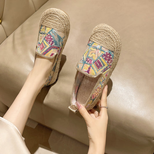 Spring New Canvas Shoes Ethnic Style Old Beijing Cloth Shoes Fashion Hanfu Sequin Shoes Women's Breathable Mom Shoes