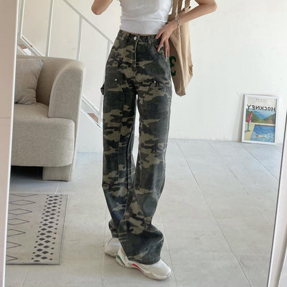 Hong Kong Style Workwear Army Green High Waist Loose and Slimming Wide Leg Jeans Women's Summer Hot Girl Camouflage Straight Long Pants