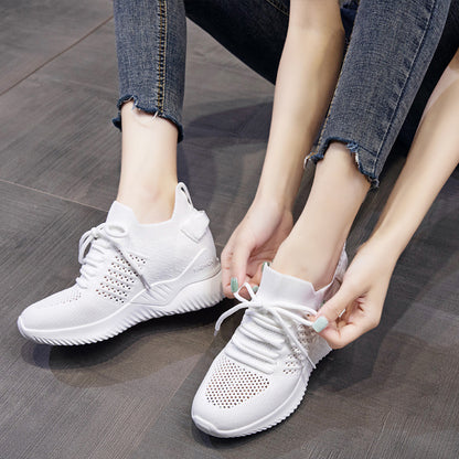New Spring Lightweight Breathable Women's Sports Inner Height Increasing Casual Shoes Flying Woven Running Fashion Pumps Wholesale
