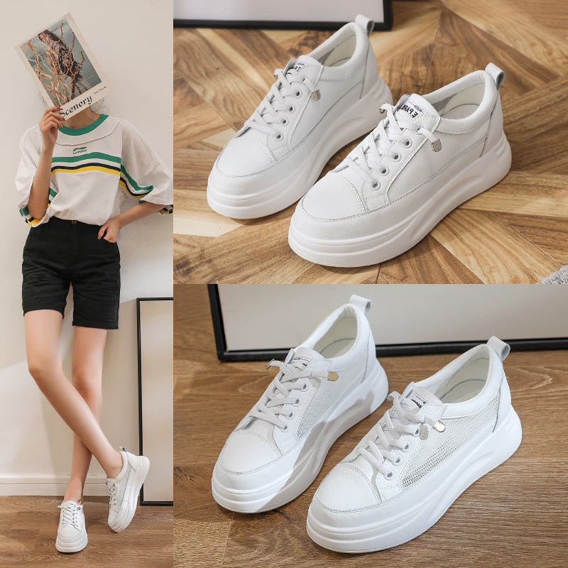 Leather Mesh White Shoes for Women  Spring and Summer New Women's Casual Shoes Lightweight Women's Height Increasing Shoes Platform Sneakers