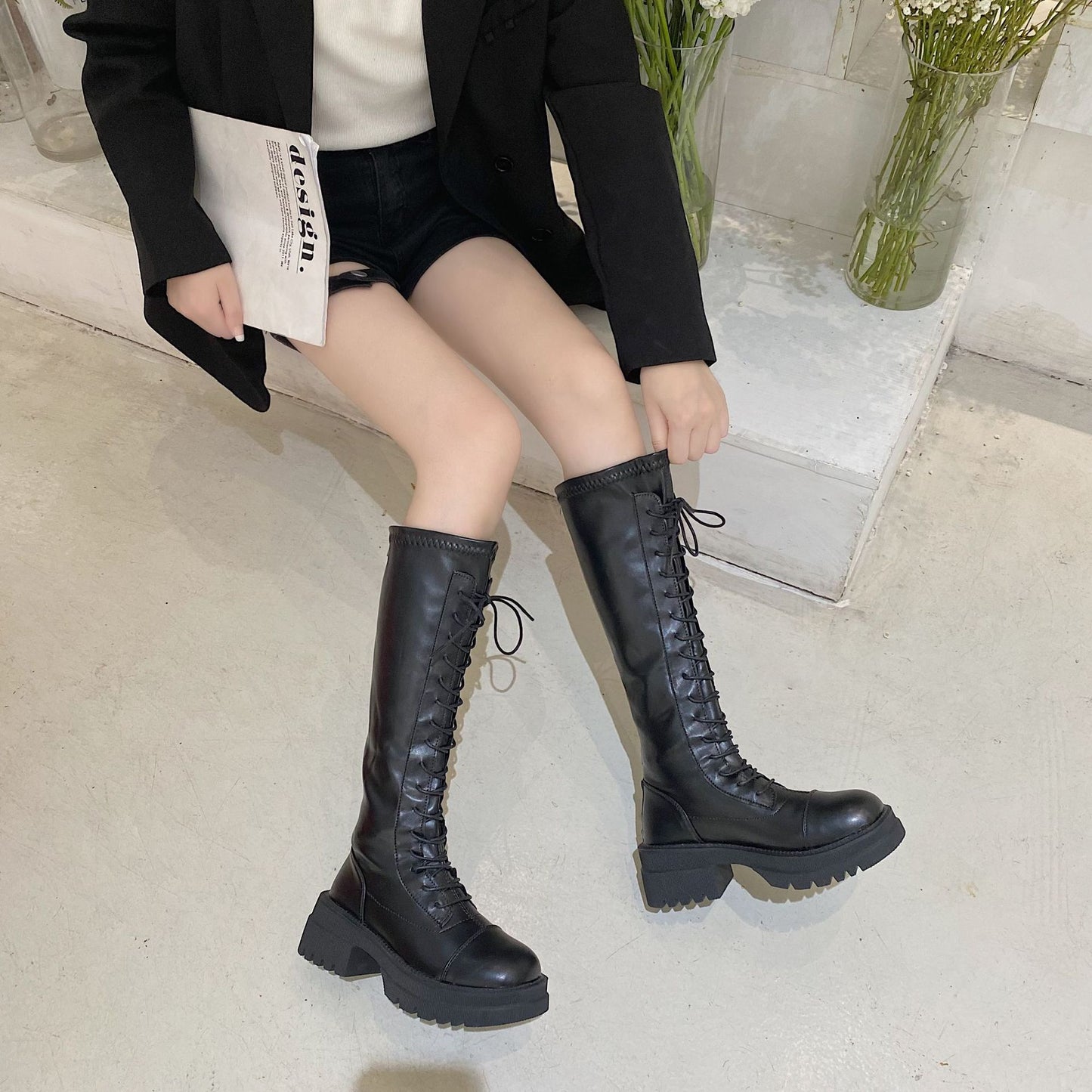 White Boots Women's  New Autumn High Martin Boots Small Thick Bottom below the Knee Knight Boots