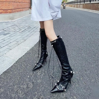 New HOTan and NEWn Pointed Tassel with Fashionable Boots Female Metallic Tack Trendy Cool Hot Girl Motorcycle Boots High Heel Boots