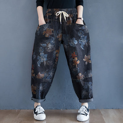 Fall 2024 Vintage Printed Casual Slimming Loose Elastic Waistband Lace-up Plump Girls Washed Jeans Harem Pants for Women