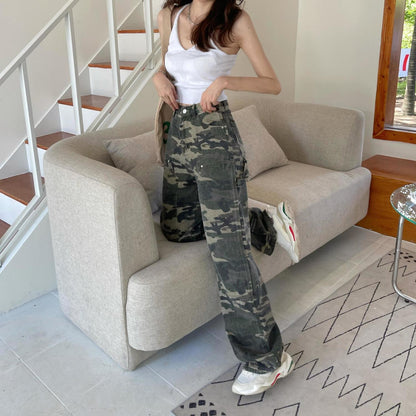 Hong Kong Style Workwear Army Green High Waist Loose and Slimming Wide Leg Jeans Women's Summer Hot Girl Camouflage Straight Long Pants