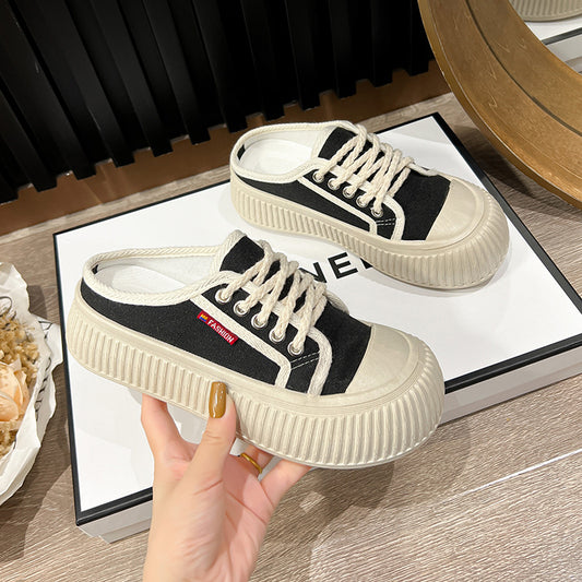 Summer New Trendy Women's Shoes Korean Style Canvas Shoes Thick Bottom Bread Shoes Fashion Ins White Shoes Platform Shoes Soft Bottom