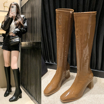 Long Boots Female below the Knee  New Chunky Heel Side Zip Patent Leather High Leg Boot Female Square Toe High Heel Riding Boots Wholesale