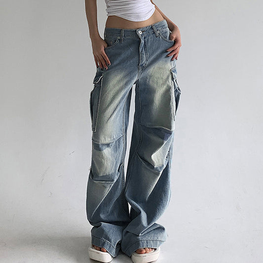 2024 Street Washed White Side Multi-Pocket Wide-Leg Jeans Women's Low Waist Loose Slimming Pleated Trousers Spring