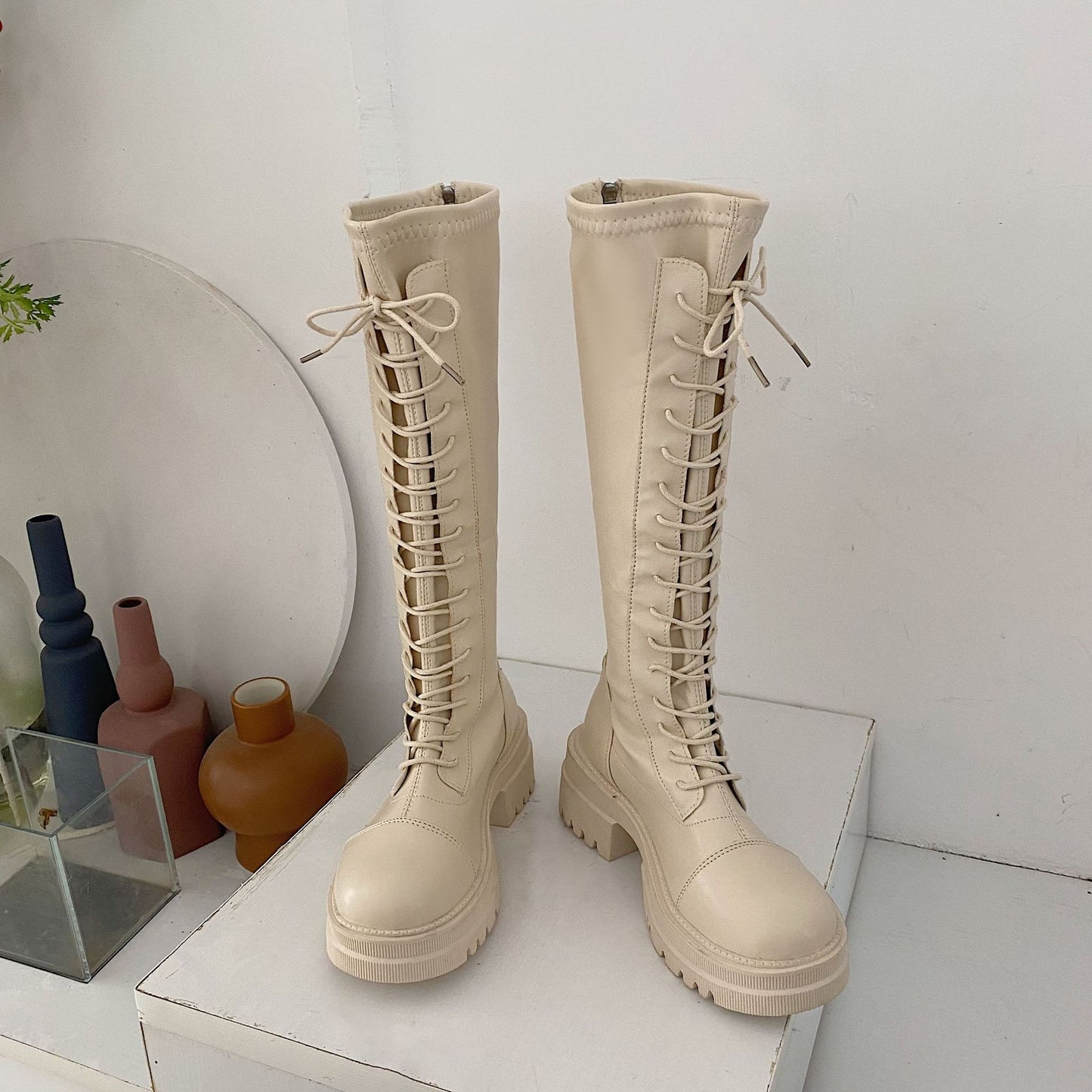 White Boots Women's  New Autumn High Martin Boots Small Thick Bottom below the Knee Knight Boots