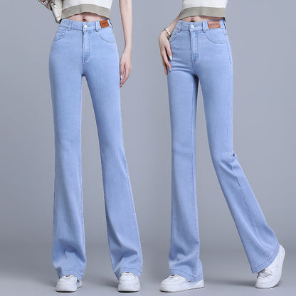 Light Color Lyocell Denim Bootcut Trousers Women's 2024 Summer New High Waist Slimming Thin Jeans Straight Flare Pants