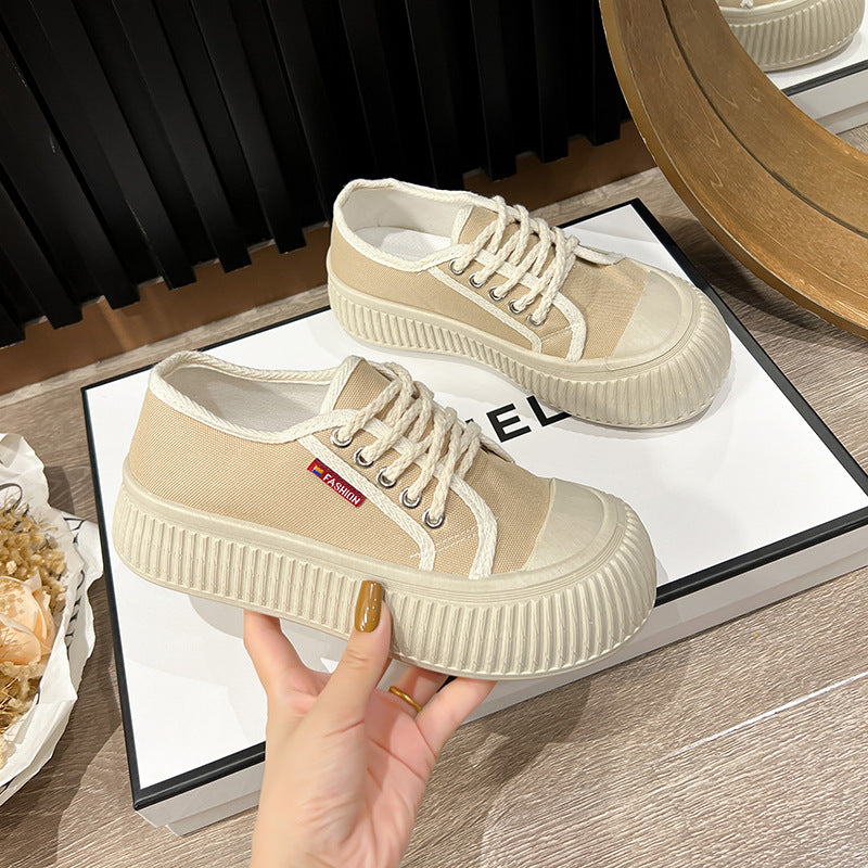 Summer New Trendy Women's Shoes Korean Style Canvas Shoes Thick Bottom Bread Shoes Fashion Ins White Shoes Platform Shoes Soft Bottom