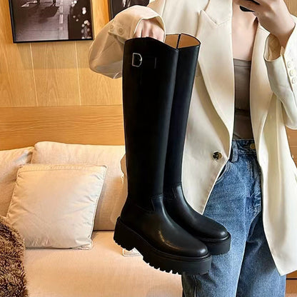Grape Mom Same Style  Autumn and Winter New Thick Bottom Chunky Heel Genuine Leather Side Zipper below the Knee Knight Boots Women's Boots