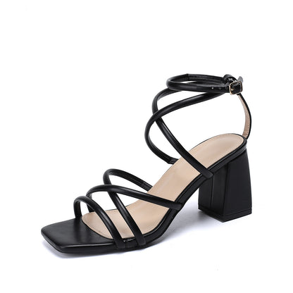 sengpashop Chunky Heel High Heel Sandals Female  Spring/Summer Cross-Border Foreign Trade plus Size White Square Head Ankle-Strap Open Toe Sexy Sandals