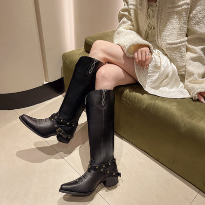 New Western Cowboy Boot Embroidery Vintage Black Long Biker Boots Women Pointed Chunky Heel Long Boots Women Wholesale