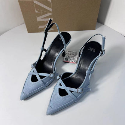 sengpashop Sky Blue Denim Pointed Buckle High Heel Sandals Cross Strap  New Women's Shoes Za High Heels  Style