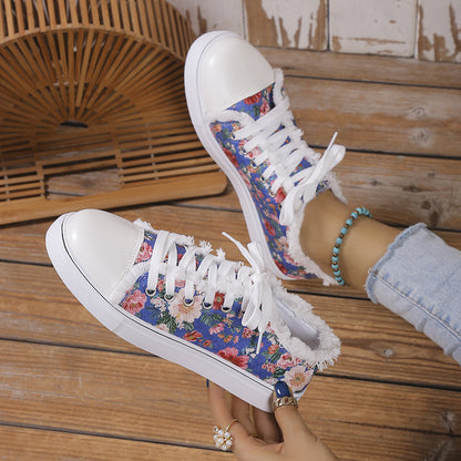 Foreign Trade plus Size Women's Sneakers  Spring New Flat Lace-up Graffiti Canvas Shoes HOTan and NEWn Fashion Loafers Women