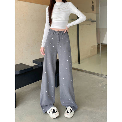 Real Shot Rhinestone Multi-Color Wide Leg Jeans for Women 2024 Spring and Summer New High Waist Straight Loose Draggle-Tail Trousers Tide