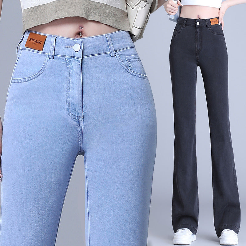 Light Color Lyocell Denim Bootcut Trousers Women's 2024 Summer New High Waist Slimming Thin Jeans Straight Flare Pants