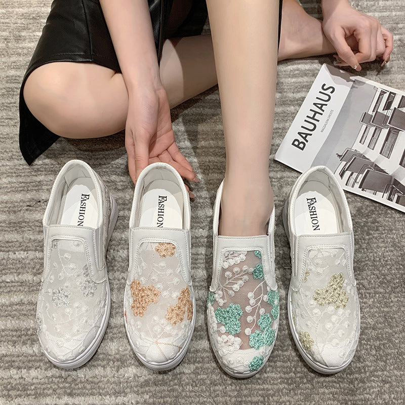 Spring and Autumn New Platform Casual Pumps Mesh Breathable Embroidered Loafers plus Size Women's Slip-on Mesh Shoes Wholesale