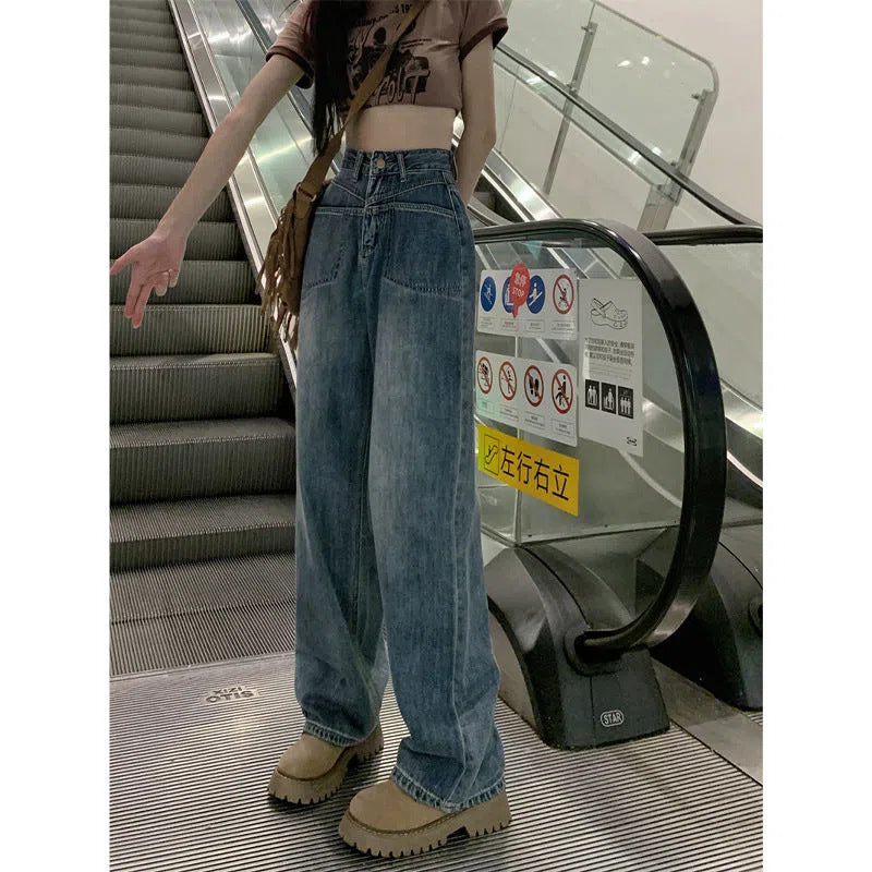 Retro Draping Jeans Women's Loose Autumn New High Waist Wide Leg Pants Slimming All-Matching Straight Mop Pants Fashion